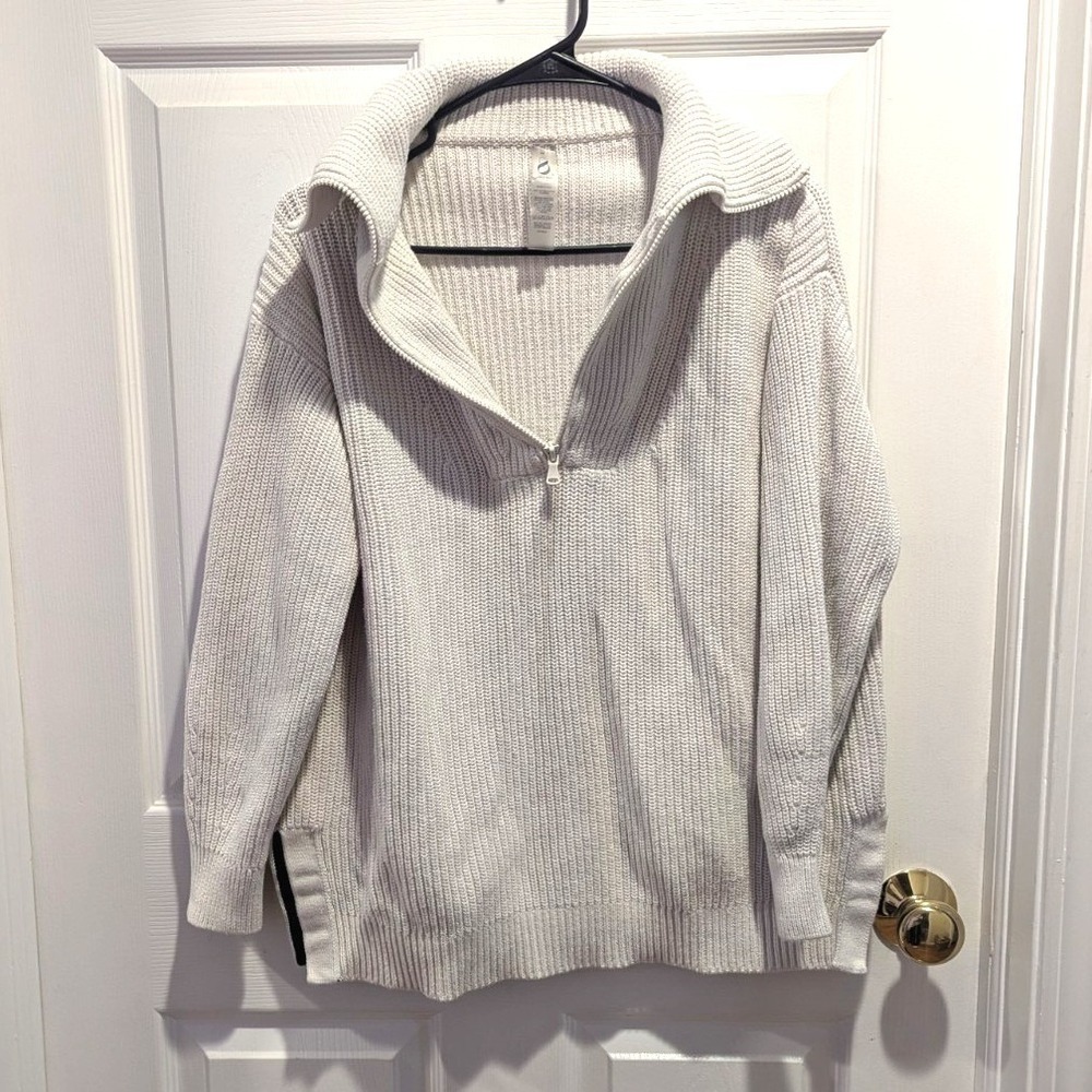 Coastal Quiet Luxury Chunky Knit Half Zip Sweater Cream Oversized‎ Lou & Grey M